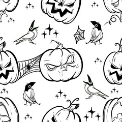 Line art seamless pattern.Black and white line art of pumpkin. Monochrome illustrations for Halloween. 