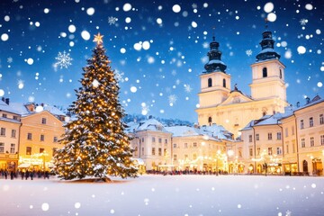 Snowfall on a European town square with colorful historic buildings and a large Christmas tree glowing with lights.
