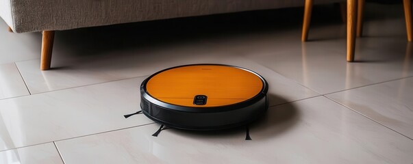 Robotic vacuum cleaner moving across a tile floor, cleaning under furniture, robotic vacuum cleaner, smart home cleaning