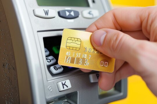 Customer is inserting a chip credit card into a card reader at a gas station pump