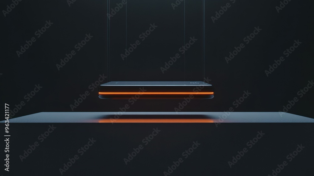 Poster A Black Rectangular Object with an Orange Light Hanging Above a Platform