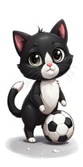 Obraz premium Cute black and white tuxedo cat standing and playing with a soccer ball. Football.