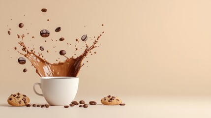 A coffee cup splashing as chocolate chip cookies and coffee beans hover above, creating a playful, dynamic scene on a beige background. Fun coffee break concept.