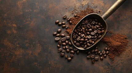 Obraz premium Coffee beans and ground coffee spilling from a brass scoop onto a rustic, textured surface. A warm and inviting depiction of fresh coffee.