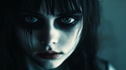 A girl with black hair and a red lipstick is staring at the camera