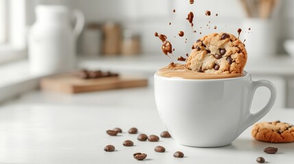 A white coffee cup splashing with a cookie dipping into the drink, surrounded by coffee beans on a bright kitchen table. Cozy breakfast moment concept.