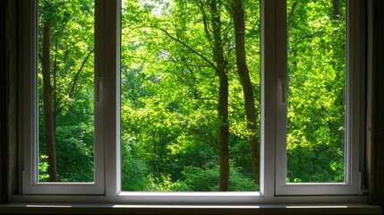 Fototapeta premium Outside the window is a forest, a concept of nature