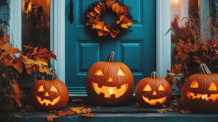 Fototapeta premium Lit jack-o'-lanterns decorate a front porch with fall foliage, a wreath on the door, and warm lighting, creating a festive Halloween atmosphere.