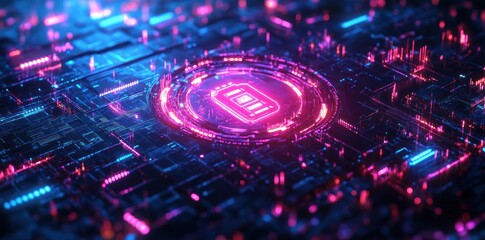 Glowing Neon Battery Icon on Circuit Board Background