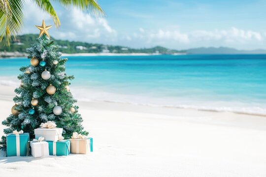 A beautifully decorated Christmas tree with red and gold ornaments and wrapped presents on a sandy tropical beach with snowflakes and palm trees.