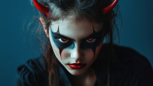 A girl with red horns and black face paint is staring at the camera