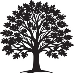 Fototapeta premium Vector art silhouette of a black and white tree with leaves, showcasing a minimalist forest design in monochrome