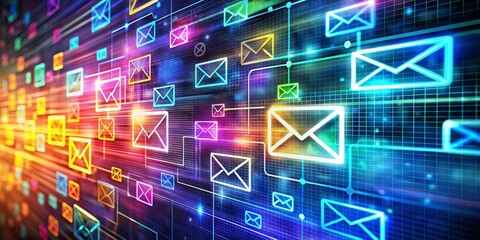 Obraz premium Digital Network of Neon Envelopes, Abstract, Communication, Technology, Data , email, network