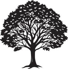 Vector art silhouette of a black and white tree with leaves, showcasing a minimalist forest design in monochrome