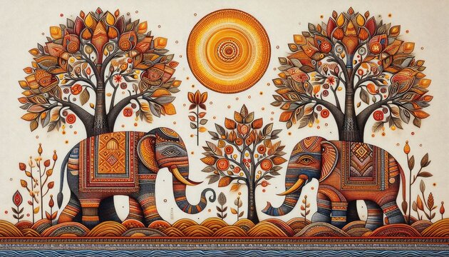 High-resolution stock photo of traditional Gond art elephants and trees, photographed on a white canvas backdrop, featuring detailed textures and vibrant colors