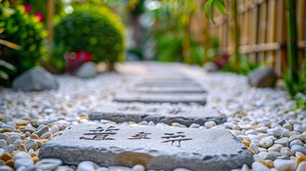 Stone Path in Japanese Garden with Engraved Stones, Lush Greenery, and Shallow Depth of Field