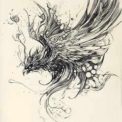 Surreal Ink Sketch of Elaborate Winged Mythical Creature Against Abstract Backdrop