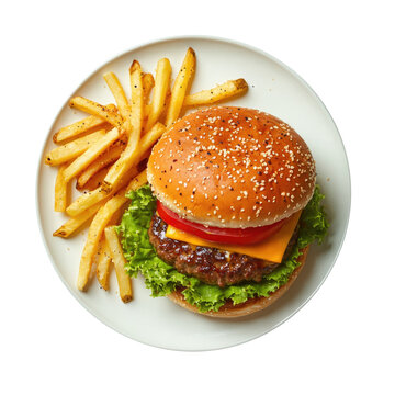 Delicious Cheeseburger and French Fries Isolated on a Transparent Background 