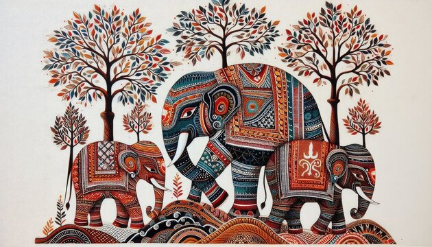 High-resolution stock photo of traditional Gond art elephants and trees, photographed on a white canvas backdrop, featuring detailed textures and vibrant colors