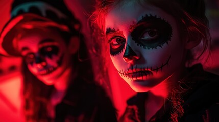 Fototapeta premium Children wearing Halloween makeup displaying a skull design on their face. The red lighting adds a spooky atmosphere.