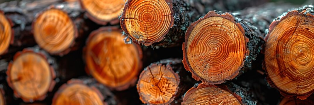 Close up of stacked tree logs, showcasing the intricate wood grain patterns and annual rings. Texture and detail of nature.