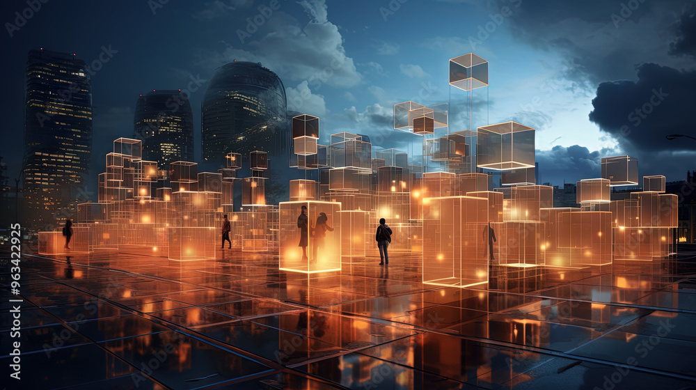 Poster Concept of a digital city with cloud connections. Futuristic network in the clouds.