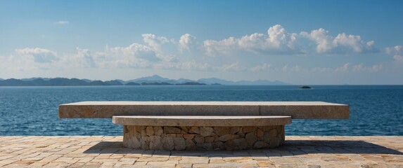 Empty podium on stone platform with sea island and blue sky background for product display.