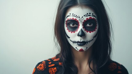 A woman with a black and white face paint of a skeleton