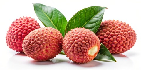 Fresh Lychee Fruit with Green Leaves on a White Background, close up, studio shot, white background, fruit, lychee, leaf