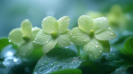 Three delicate green flowers with water droplets on their petals, surrounded by lush green leaves, with a soft focus background.