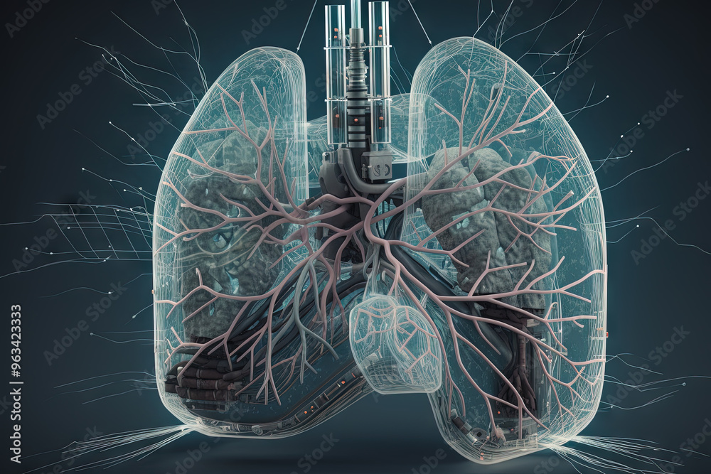 Aufkleber artificial implant science concept with technological ai lungs on the circuit board.