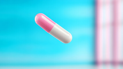 Floating pink and white capsule on a vivid blue background