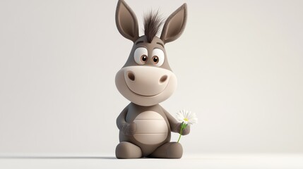 Obraz premium A cheerful cartoon donkey holding a flower, exuding a playful and friendly vibe.