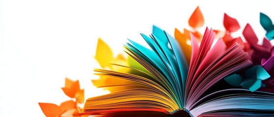Create a book be opened with abstract colorful leaves from colored pages, represented knowledge and storytelling.