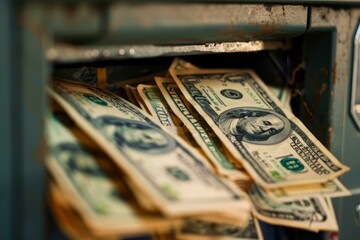 Stack of one hundred dollar bills overflowing from a rusty safe