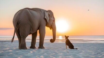Obraz premium an unlikely friendship elephant and dog at sunset on the beach 