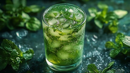 Close-up of a refreshing green drink with ice and mint leaves.