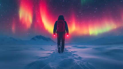 Obraz premium A lone hiker stands in awe of the vibrant aurora borealis, a breathtaking display of light dancing across the night sky above a snowy landscape.