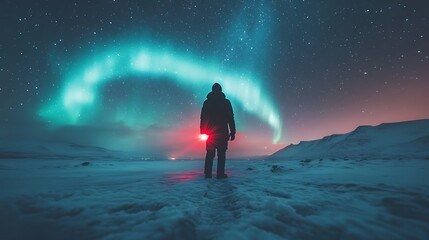 A lone figure stands in the snow, illuminated by a flashlight, gazing up at the mesmerizing aurora borealis dancing in the night sky.