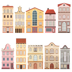 Fototapeta premium Amsterdam style houses - old town facade. Cute vector drawings of various authentic historical buildings, Europen architecture for travel postcards and tourist greeting cards