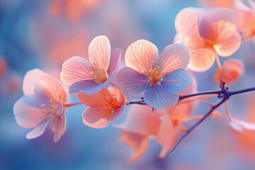 Abstract Illustration of Soft Pink Flowers on a Branch with Blue Background