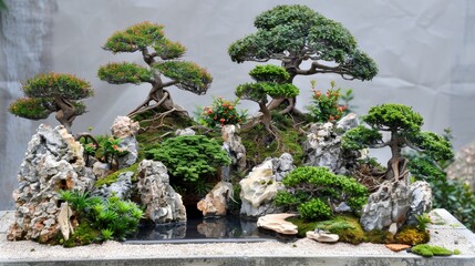 Miniature Bonsai Forest on Decorative Rock Bed with Exposed Roots for Artistic Display
