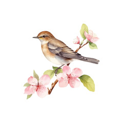 watercolor a bird perched on a spring flower branch vector illustration, white  background