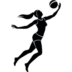 a female volleyball player mid-air, arm fully extended and ready to spike the ball