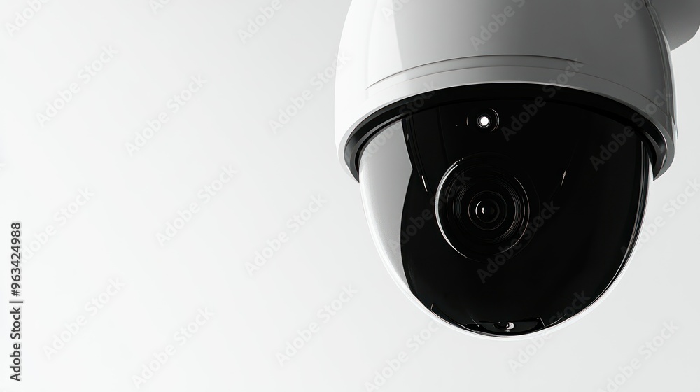 Poster white security camera with black lens and reflecting surface
