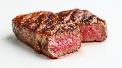 A beautifully cooked steak with a rich, caramelized crust, set on a white background, showcasing its mouth-watering texture and color