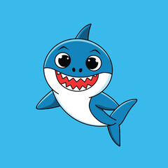Cartoon shark with a big smile and sharp teeth, in a light blue color background