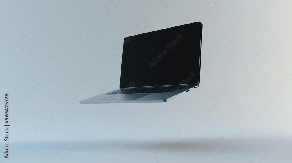 Poster floating laptop with black screen in a white studio setting