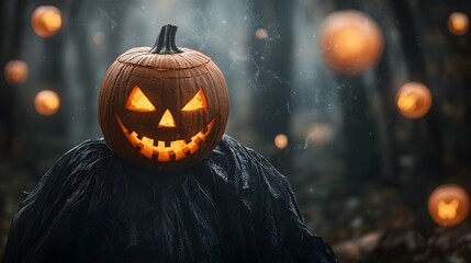 Naklejka premium A spooky pumpkin with a sinister grin in an eerie forest, illuminated by glowing jack-o'-lanterns and a misty atmosphere.