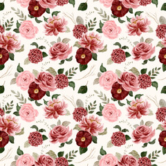 red pink floral vintage watercolor seamless pattern